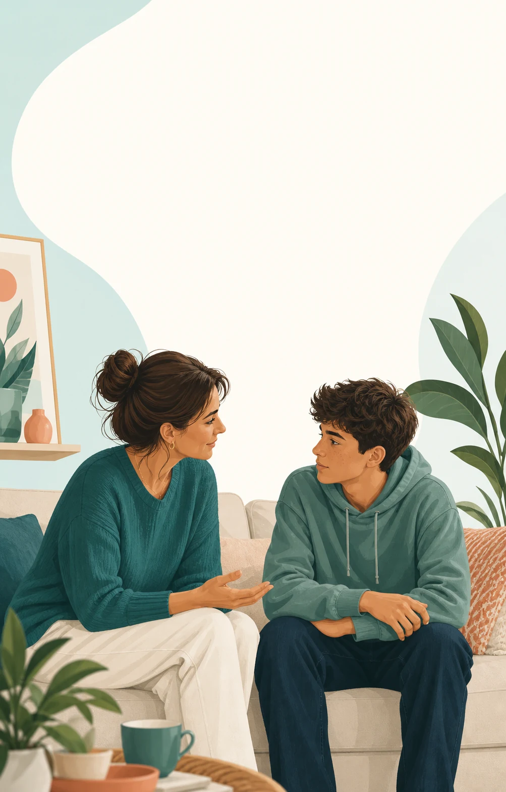 Una madre conversando con su hijo adolescente